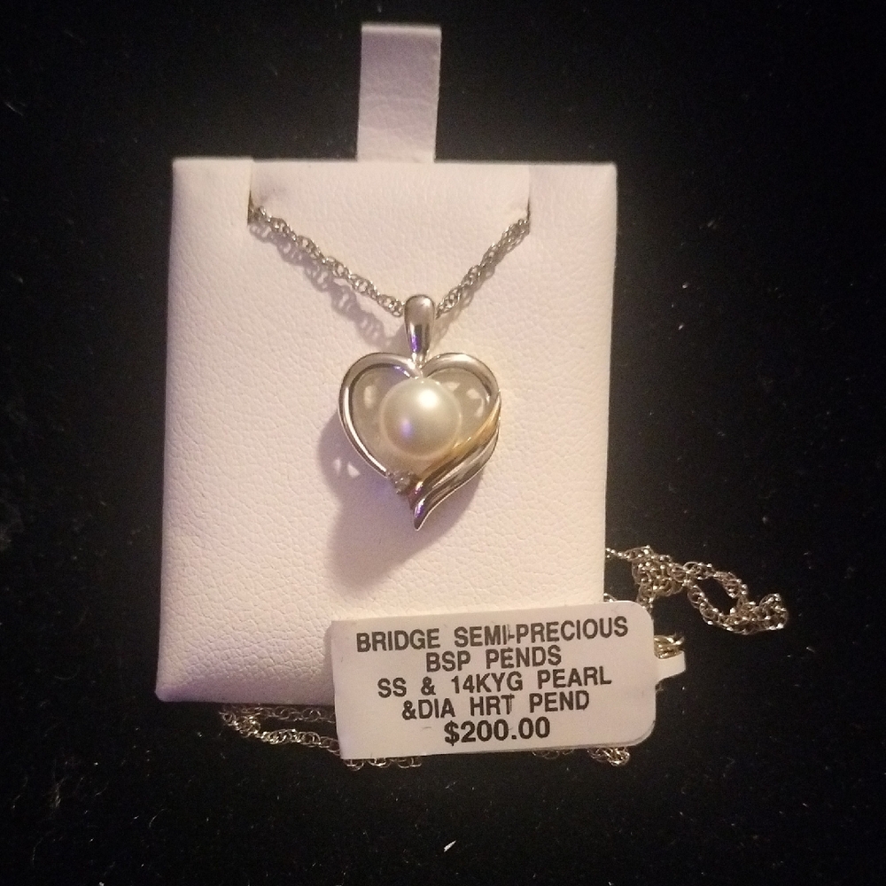 Sterling Silver Heart Pendant with Pearl And Diamond with 14kt Gold Accent
